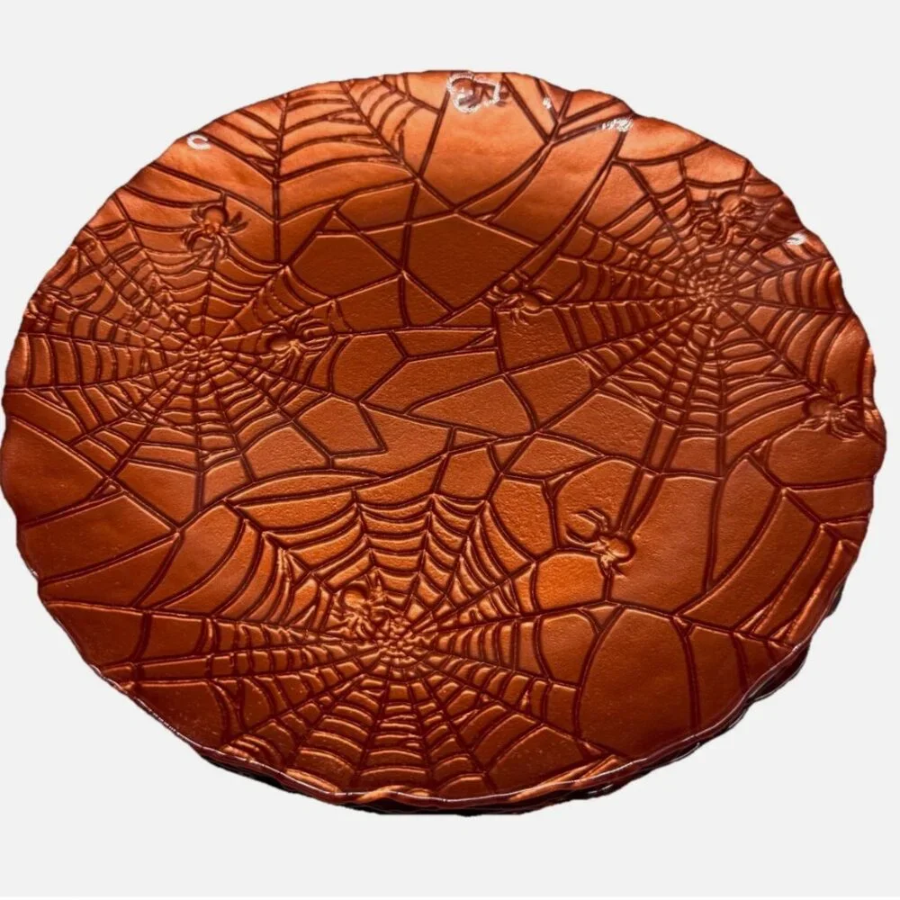 x4 Akcam Turkish Glass Halloween Salad Dessert Plates Orange Spiderweb Embossed